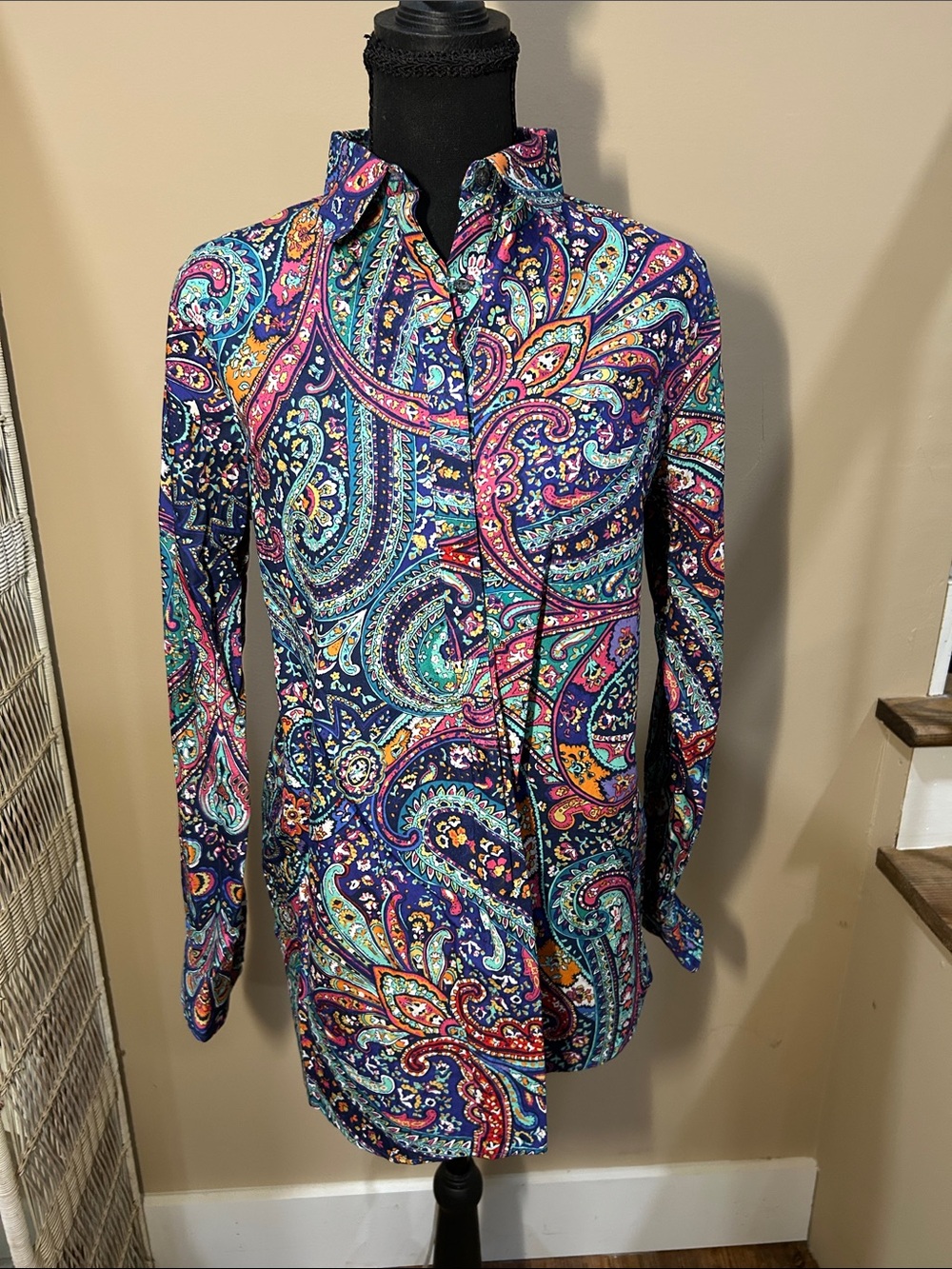 Lands' End Ladies 6  Button-Downplacket  Shirt in Navy Paisley Multi-Color LN